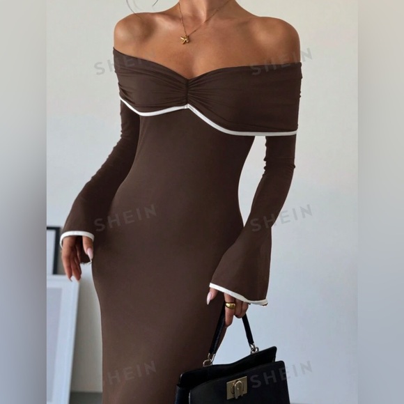 Firerie Women's Color Block Off Shoulder Fitted Mermaid Maxi Elegant Dress - Picture 3 of 6